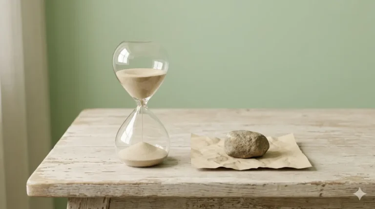 A glass hourglass filled with light sand next to a stone on brown paper, on a rustic wooden table