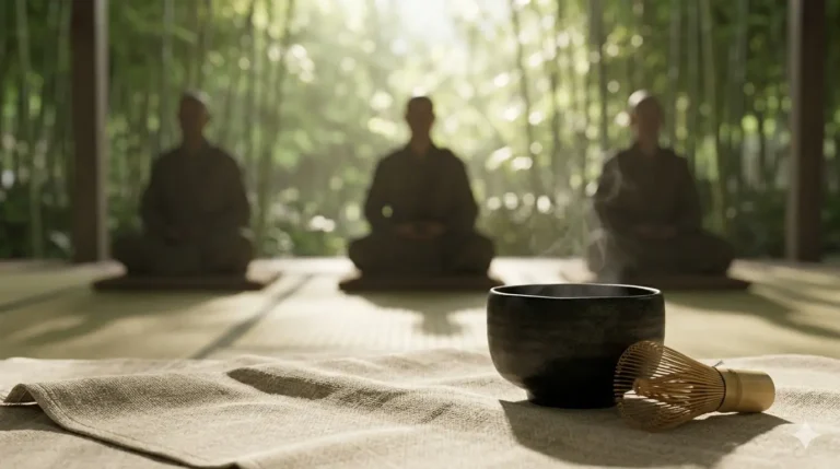 A steaming bowl of tea in the foreground, with monks meditating in a serene and natural setting, surrounded by bamboo