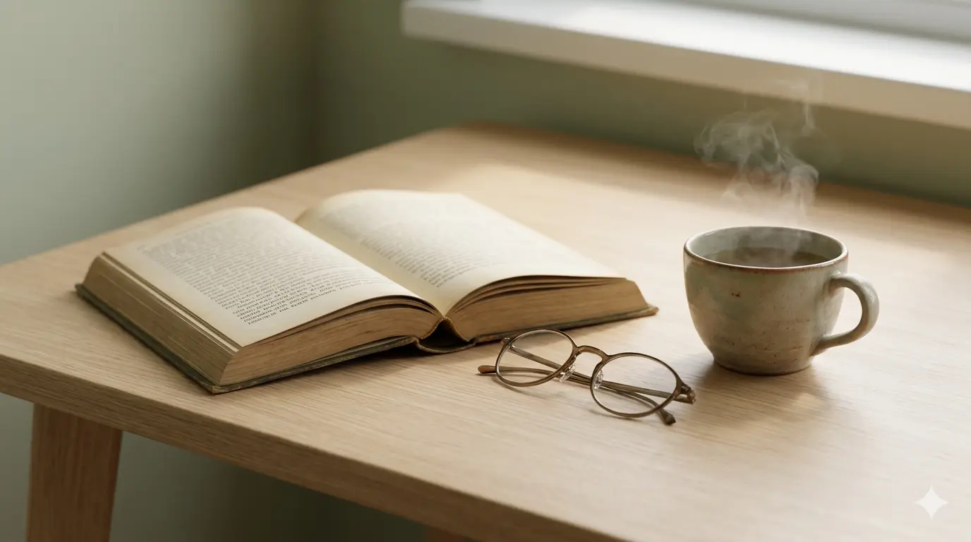 A steaming cup of coffee next to an open book and glasses on a light wooden table, creating a cozy atmosphere.