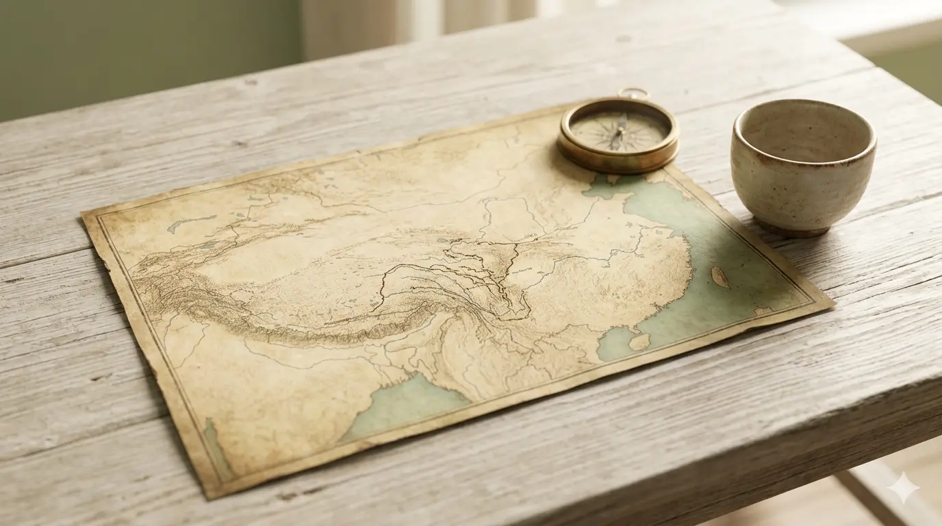 A detailed antique map of Central Asia, with a compass and a ceramic cup on a light wooden table