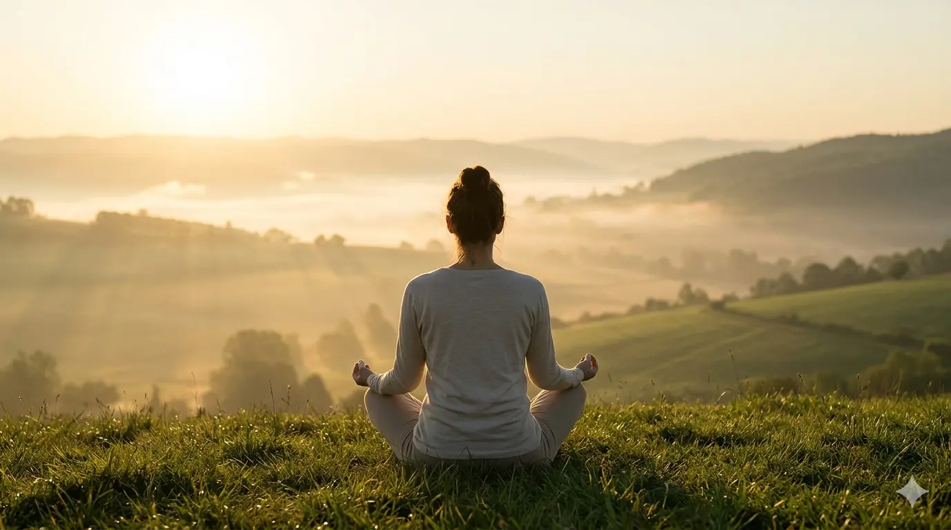 A woman meditating in a green field, with the rising sun illuminating the mountainous landscape in the background, creating a serene atmosphere