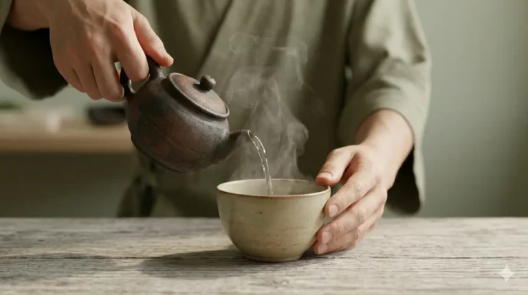 A man pours hot tea from a ceramic teapot into a bowl, with steam rising and a wooden table in the background.
