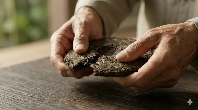 Aged hands carefully holding two pieces of pressed tea, highlighting the rich texture and natural details