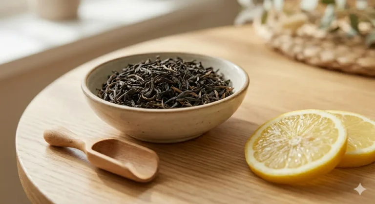 A bowl of black tea with dried leaves, alongside slices of fresh lemon, on a light wooden table.
