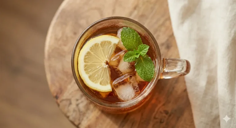 A glass of iced tea with lemon slices and mint leaves, served on a rustic wooden table.