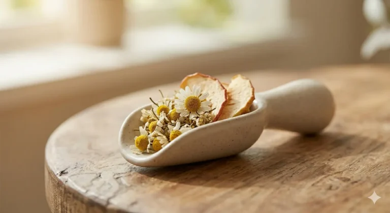A ceramic spoon with dried flowers and apple slices on a wooden table, lit by soft sunlight