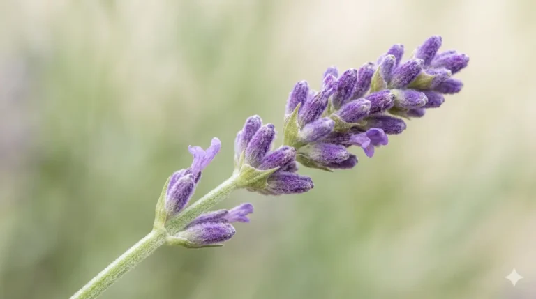 A sprig of lavender with vibrant purple flowers, standing out against a soft, blurred background, evoking tranquility