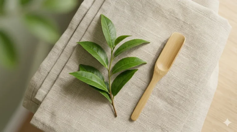 Ramo de folhas verdes frescas sobre um pano de linho claro, ao lado de uma colher de bambu, criando um ambiente natural e acolhedor.
