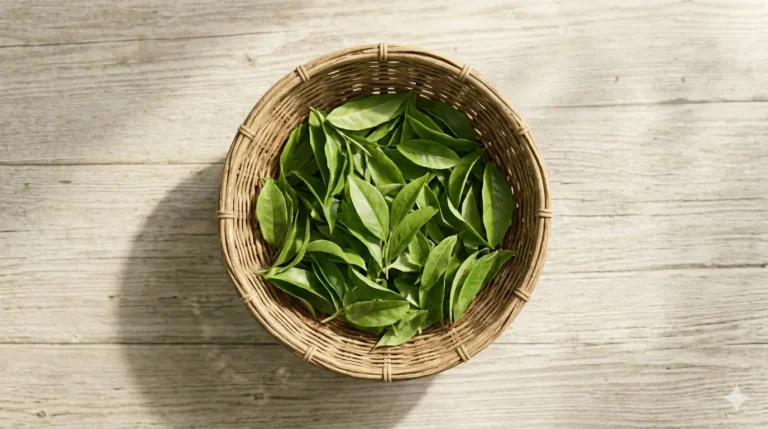 A wicker basket full of fresh green leaves, highlighting the texture and vibrant color of the leaves on a light wooden surface