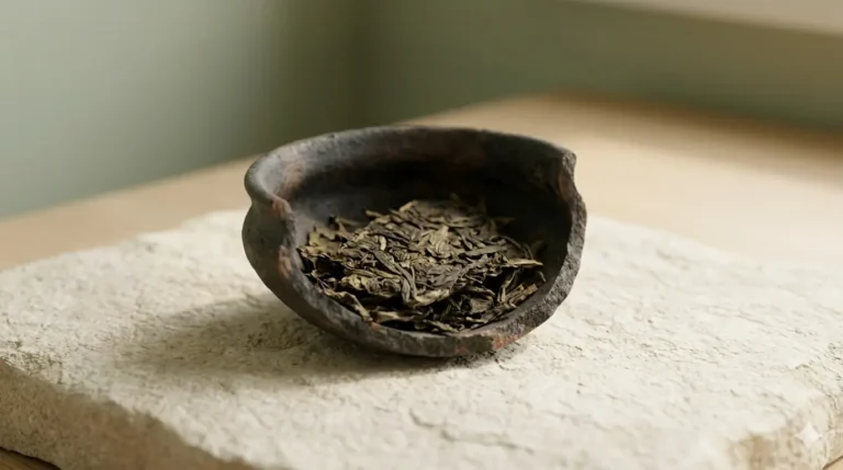 An ancient ceramic bowl containing dried leaves, resting on a light stone surface, softly lit.