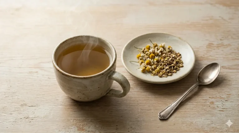 Uma xícara de chá fumegante ao lado de um prato com ervas secas, incluindo camomila e sementes, sobre uma mesa de madeira clara.