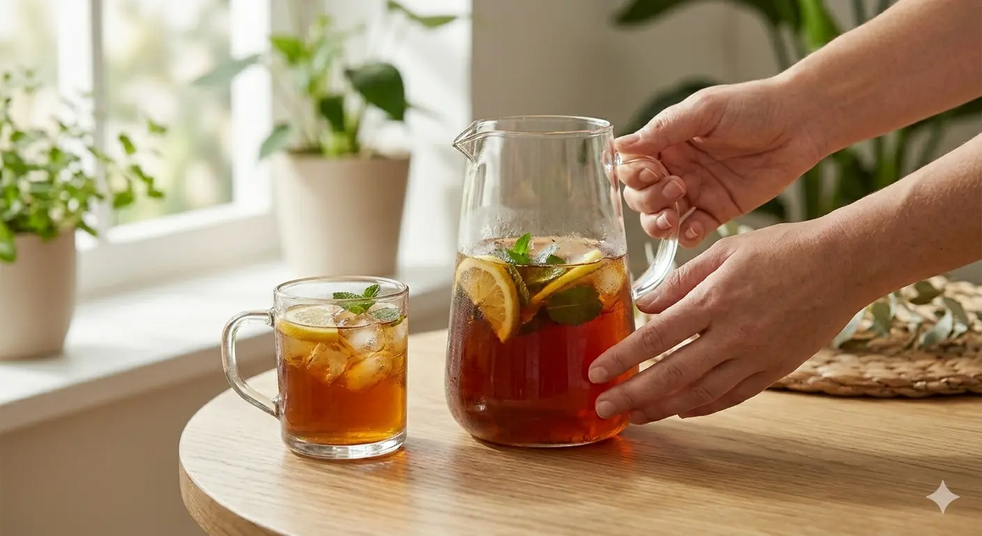 A pitcher of iced tea with lemon and mint leaves, next to a glass full of ice, on a light wooden table