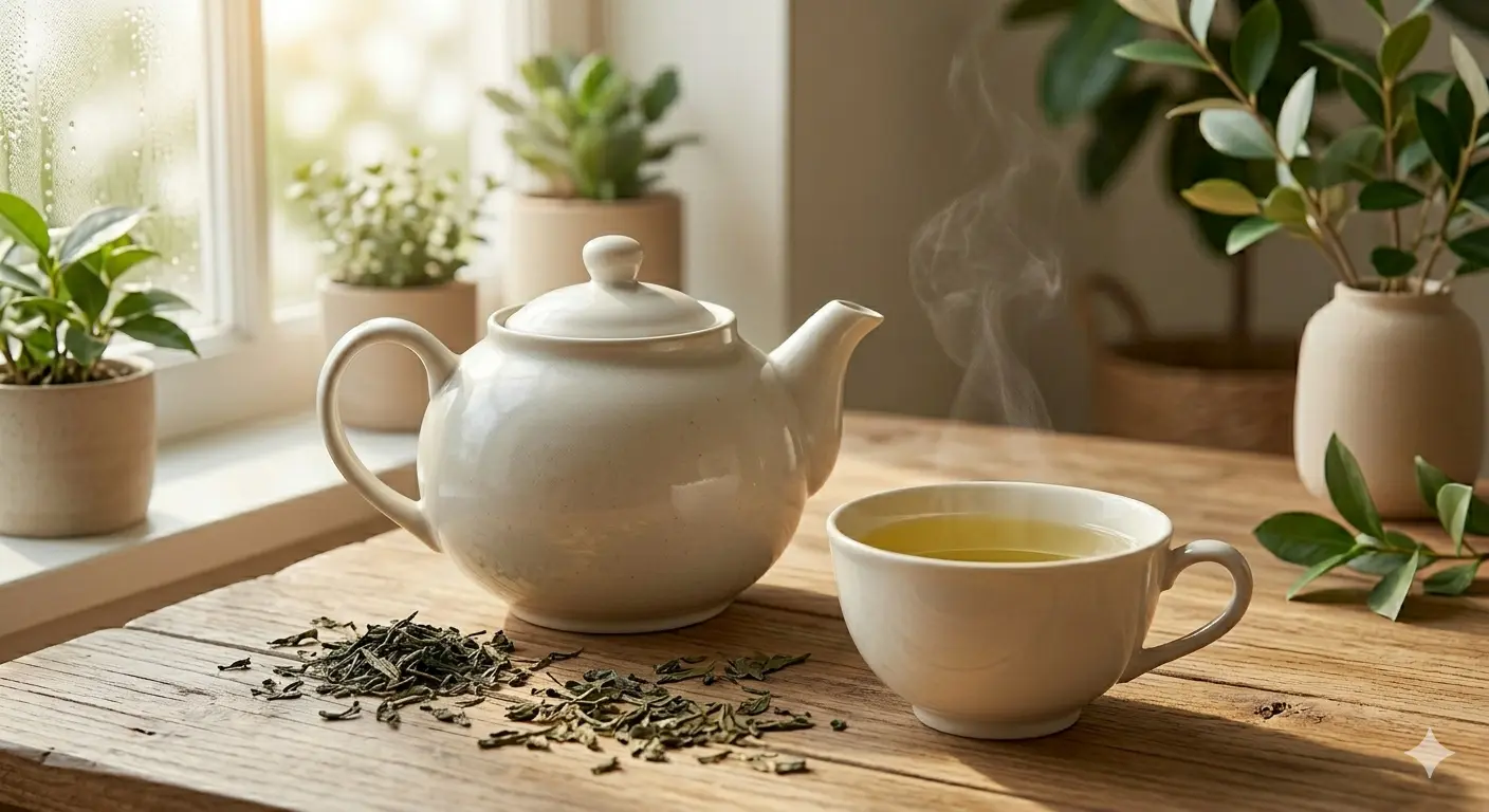 A white kettle next to a cup of hot tea, surrounded by potted plants, creating a warm and relaxing atmosphere
