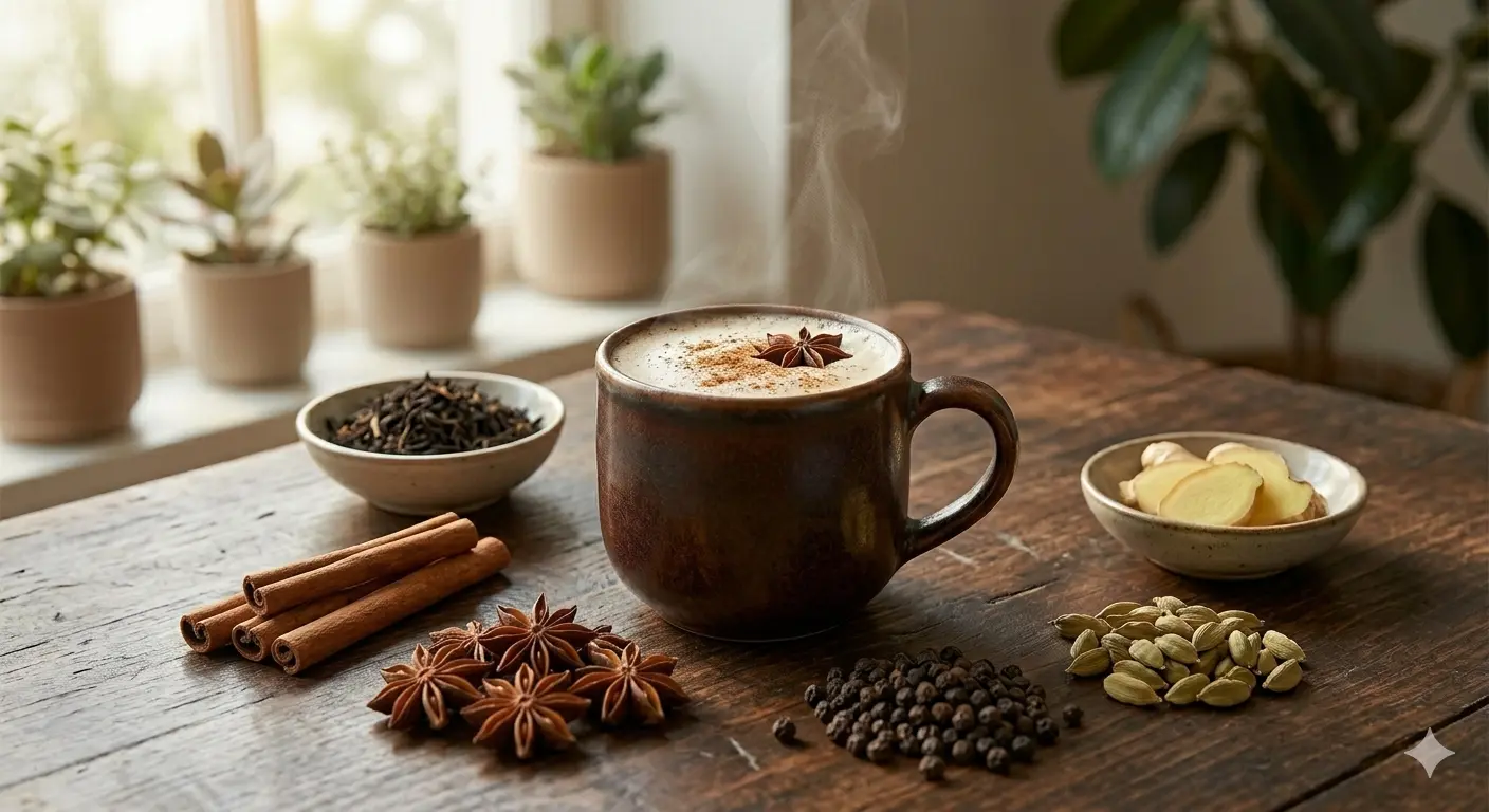 A steaming cup of aromatic tea, surrounded by spices such as cinnamon, cloves, and ginger, on a rustic wooden table