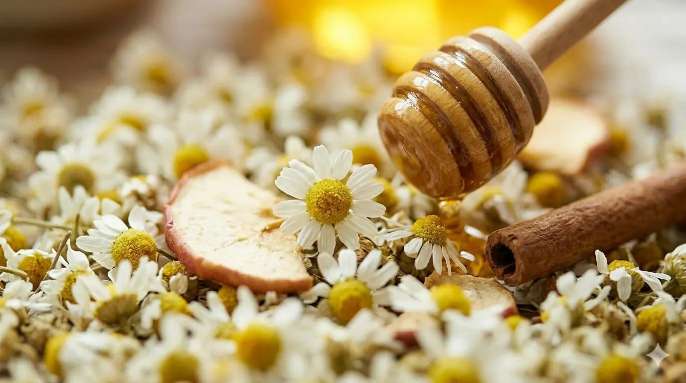 Honey dripping from a spoon over white flowers and apple slices, with cinnamon in the background, creating an aromatic and natural scene