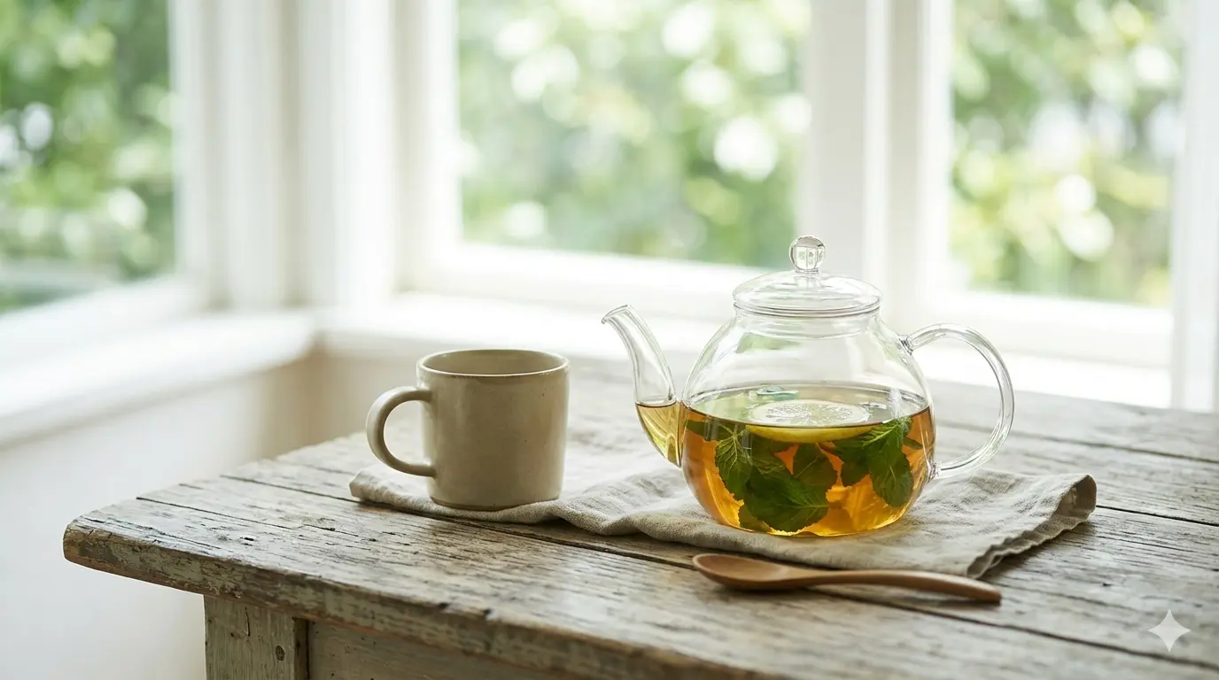 A glass kettle with fresh herbal tea, next to a cup on a cloth over a wooden table lit by natural light
