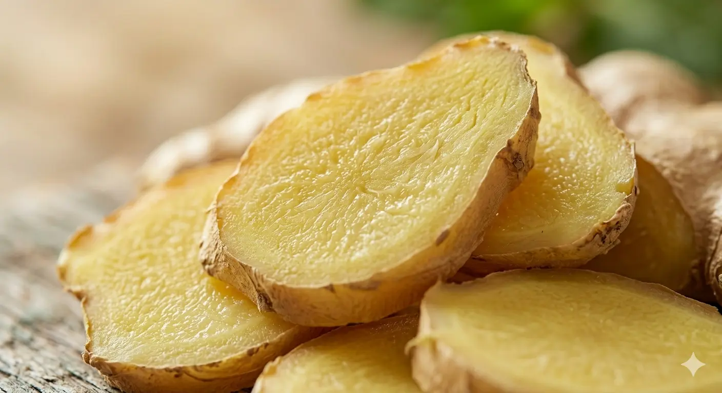 Fresh ginger slices, with a smooth texture and light yellow color, arranged on a rustic wooden surface