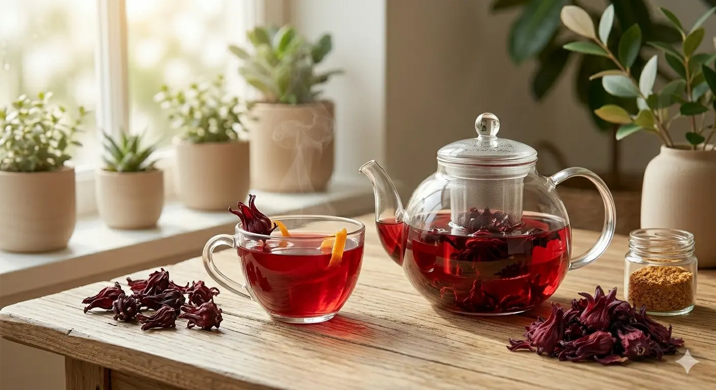 Hibiscus tea: vibrant red drink in glass teapot and cup, antioxidant beverage with flower petals and orange zest.