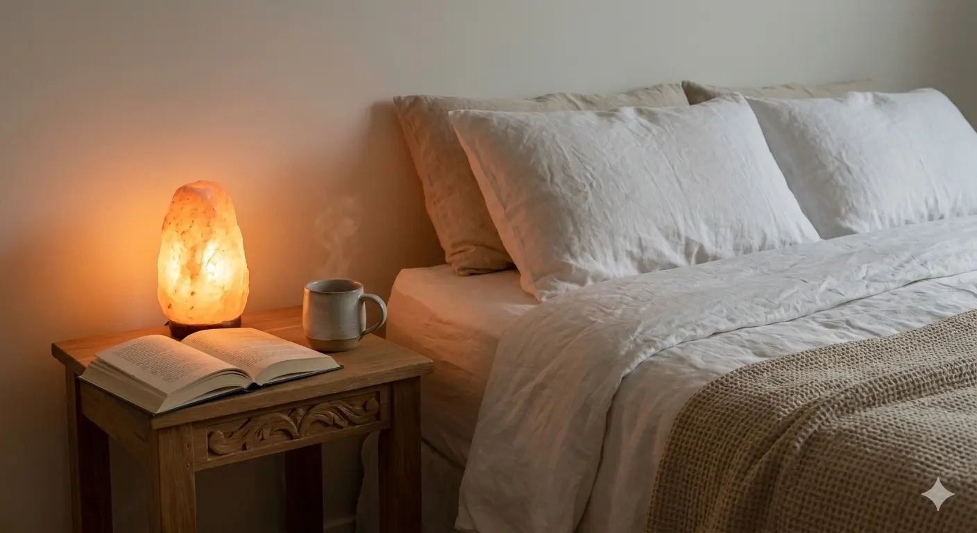 A cozy bed with white sheets, a lit salt lamp, and a steaming cup next to an open book