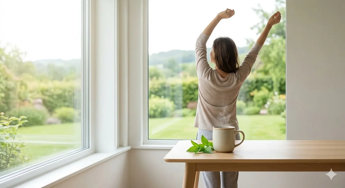 A woman relaxing at dawn, stretching her arms in front of the window, with a cup of coffee and green leaves on the table.