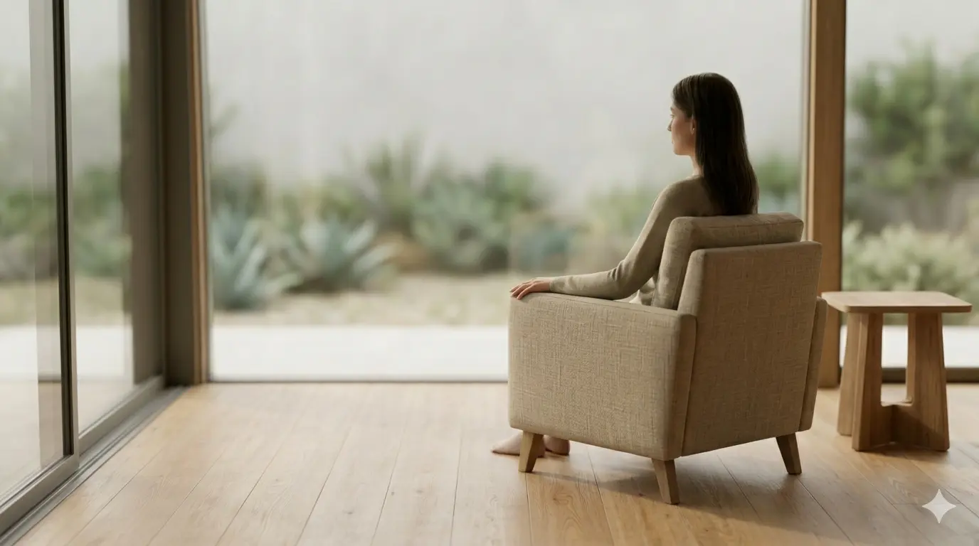 A woman sitting in a comfortable armchair, gazing at the garden through large glass windows
