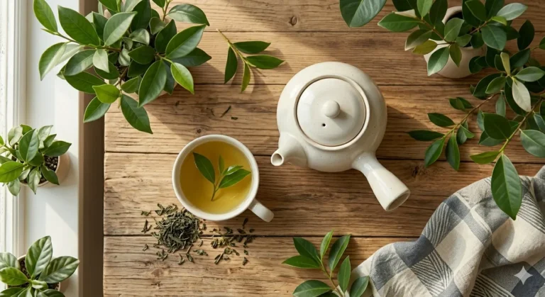 A cup of green tea with fresh leaves, next to a ceramic teapot, surrounded by green plants on a wooden table