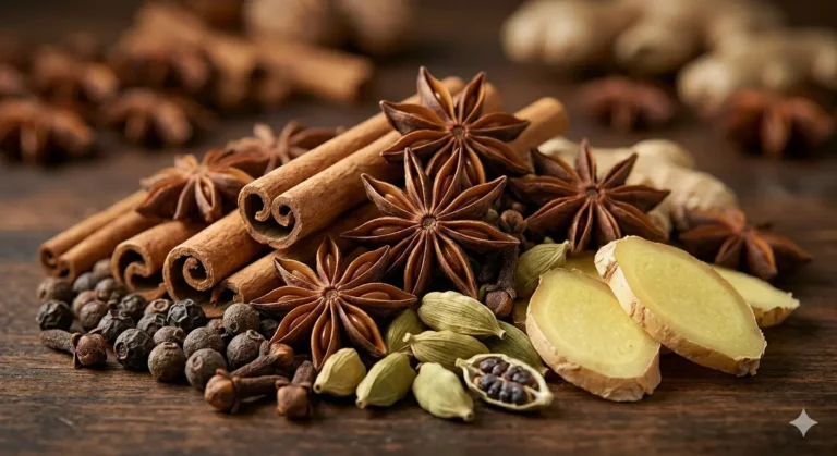 A variety of spices, including cinnamon, ginger, star anise, and cardamom, artistically arranged on a wooden surface
