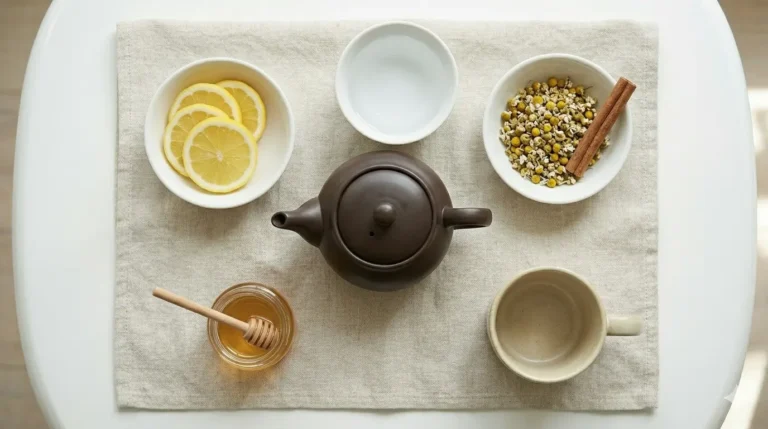 A table with a brown kettle, lemon slices, honey, herbs, and a mug, creating a cozy tea setting