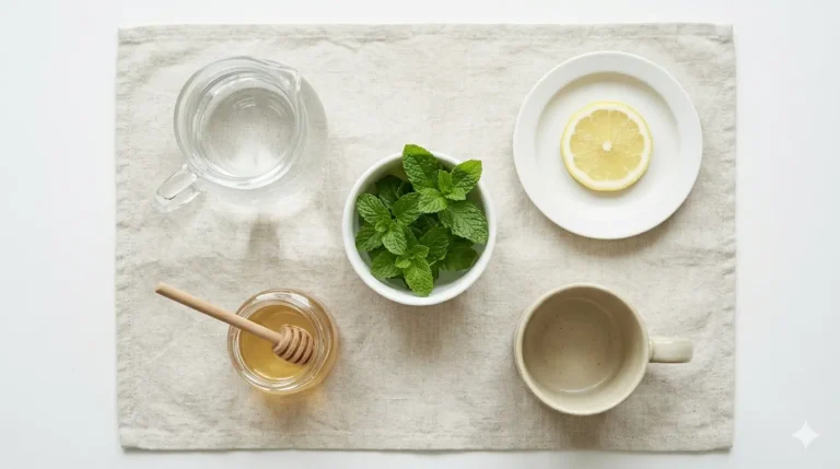 A table decorated with water, honey, lemon, and mint leaves, creating a fresh and inviting atmosphere