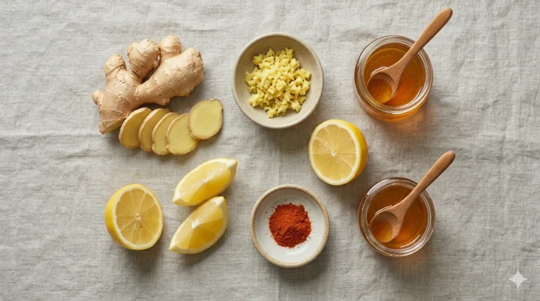 Fresh ingredients for a home remedy: ginger, lemons, honey, and paprika arranged on a light cloth