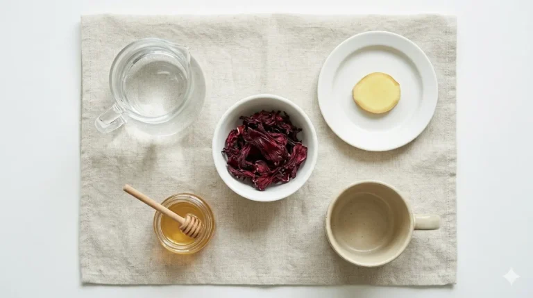 Preparing vibrant hibiscus tea: dried flowers, ginger, honey, water, and a cup on a linen cloth. Antioxidant-rich beverage.