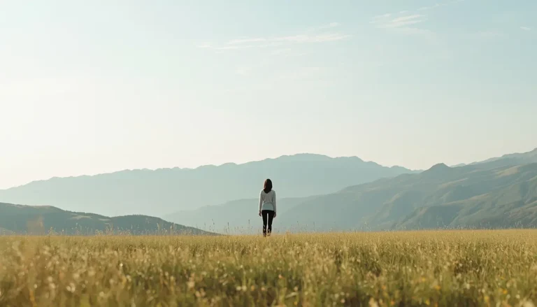**A lonely woman walks through a vast golden field under a clear sky, with mountains in the background, conveying peace and freedom.**