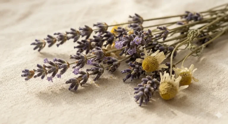 A delicate arrangement of lavender and chamomile flowers, with their soft colors contrasting against a light background