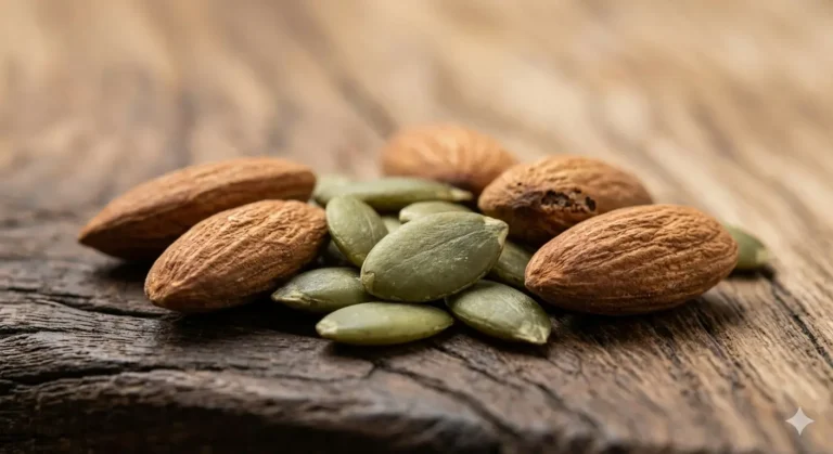 A mix of almonds and pumpkin seeds on a rustic wooden surface, highlighting natural textures and earthy tones