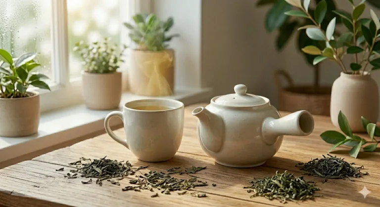 A cup of hot tea next to a white teapot, with dried tea leaves and green plants in the background, creating a cozy atmosphere