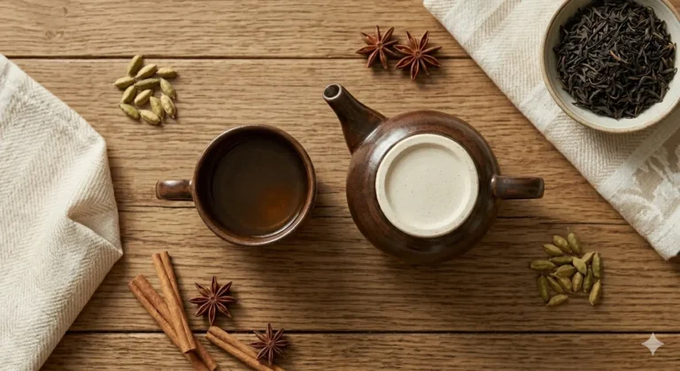 Uma bela composição de chá, com uma xícara, bule de cerâmica e especiarias como cardamomo e canela sobre uma mesa de madeira.