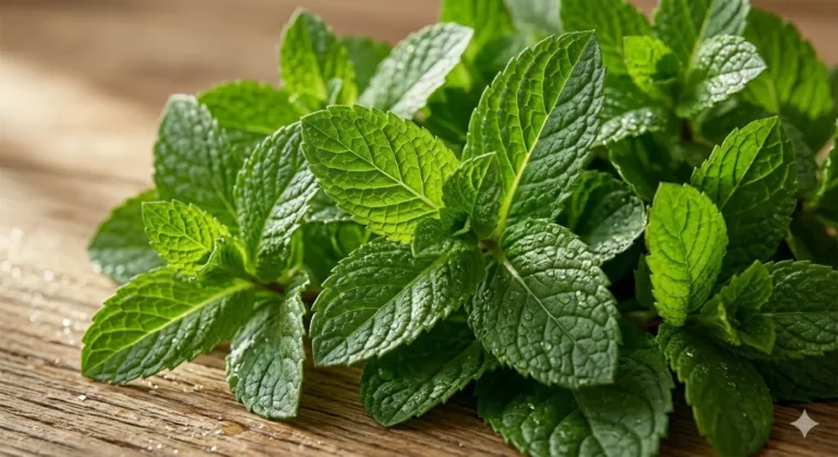 A fresh sprig of mint with vibrant green leaves, glistening in the light, on a rustic wooden surface