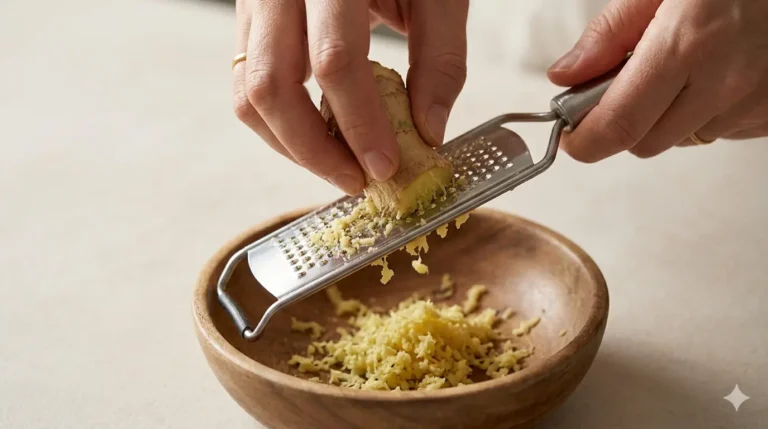 Mão ralada gengibre fresco em um ralador sobre uma tigela de madeira, destacando a textura e o aroma do ingrediente.