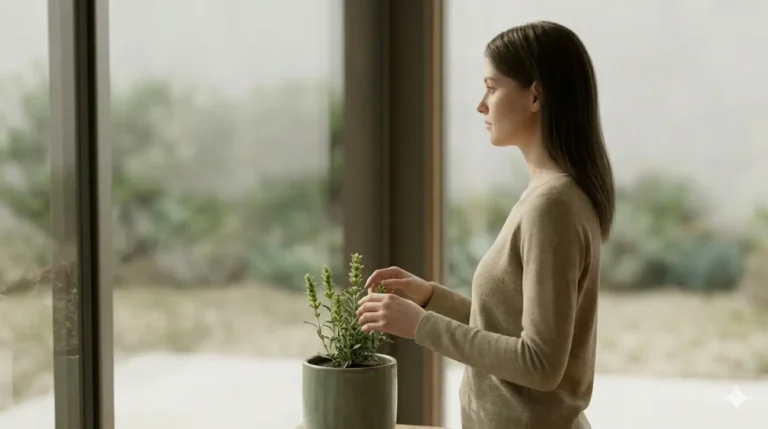 A contemplative woman next to a window, tending to a potted plant, with soft natural light illuminating the space.