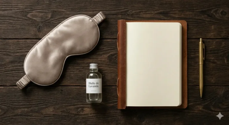 Máscara de dormir suave, frasco de óleo de lavanda e caderno em uma mesa de madeira escura, criando um ambiente relaxante.