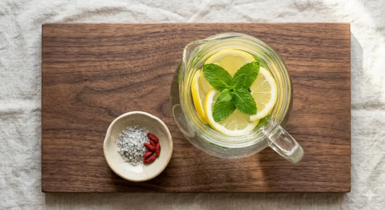 Jarros de água com limão e folhas de hortelã, ao lado de uma tigela com sal e goji berries, sobre uma tábua de madeira.