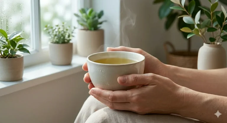 Uma pessoa segurando uma xícara de chá quente, cercada por plantas em pequenos vasos, em um ambiente aconchegante.