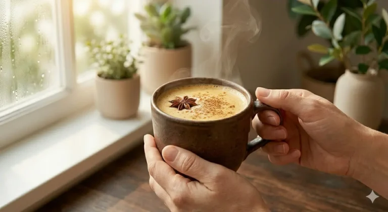 A steaming cup of hot drink, decorated with spices, held by hands in a cozy setting