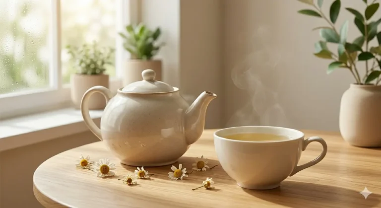 Chaleira branca elegante ao lado de uma xícara fumegante de chá, decorada com flores e plantas em um ambiente acolhedor.