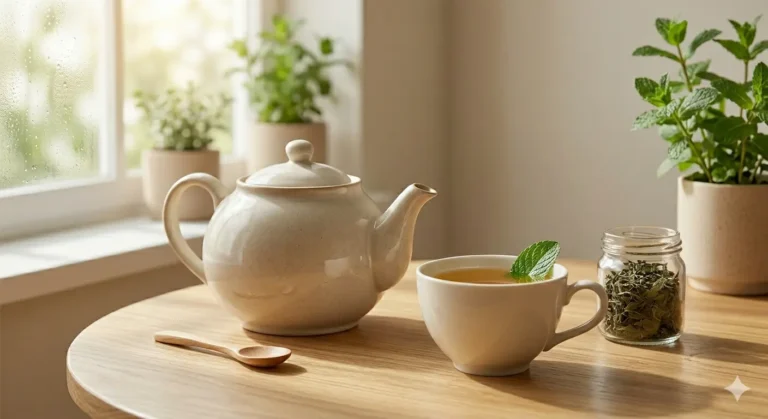 Chaleira elegante e xícara de chá sobre mesa de madeira, com folhas de hortelã frescas e ervas em potes ao fundo.