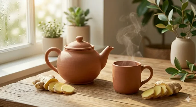 Chaleira de barro com vapor saindo, ao lado de uma xícara e gengibre fresco, em uma mesa iluminada pela luz natural.