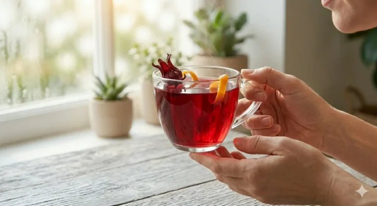Hibiscus tea in clear mug with orange zest, held by hands. Antioxidant rich, vibrant red beverage for purification.