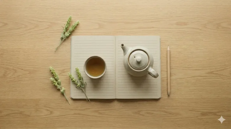 A light wooden table with an open notebook, a cup of tea, a teapot, and branches of aromatic herbs around it