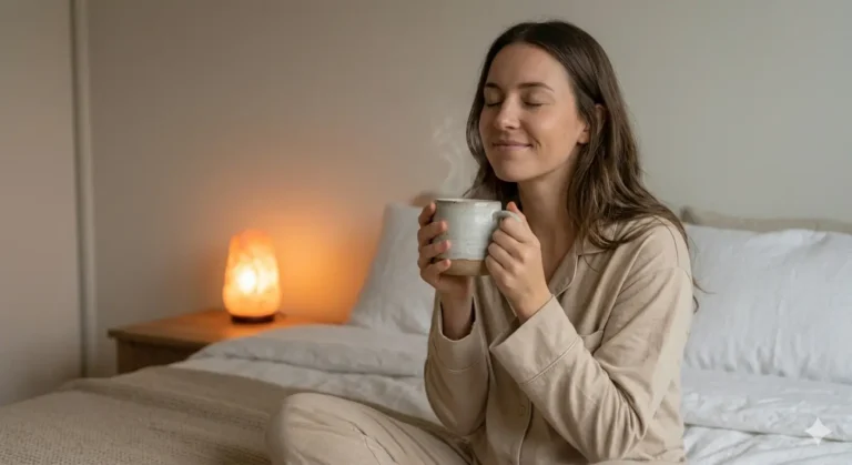 A woman relaxing in a cozy bedroom, holding a mug of hot tea, with a serene smile and soft light in the background