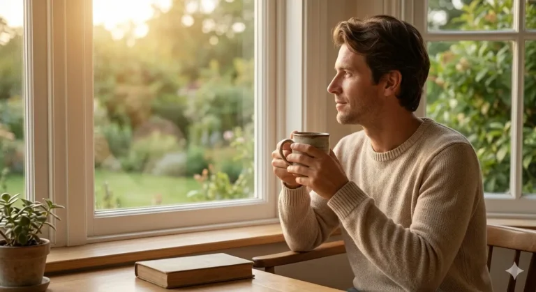 A thoughtful man holding a mug, gazing out the window as the sun shines over a lush garden.